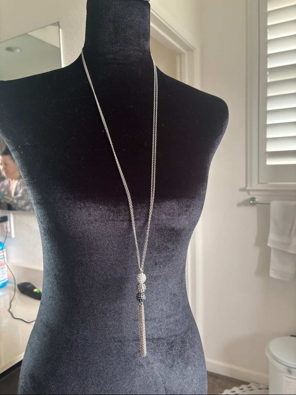 Touchstone Crystal Long Silver Tassel Necklace with Bead Accents - Silver